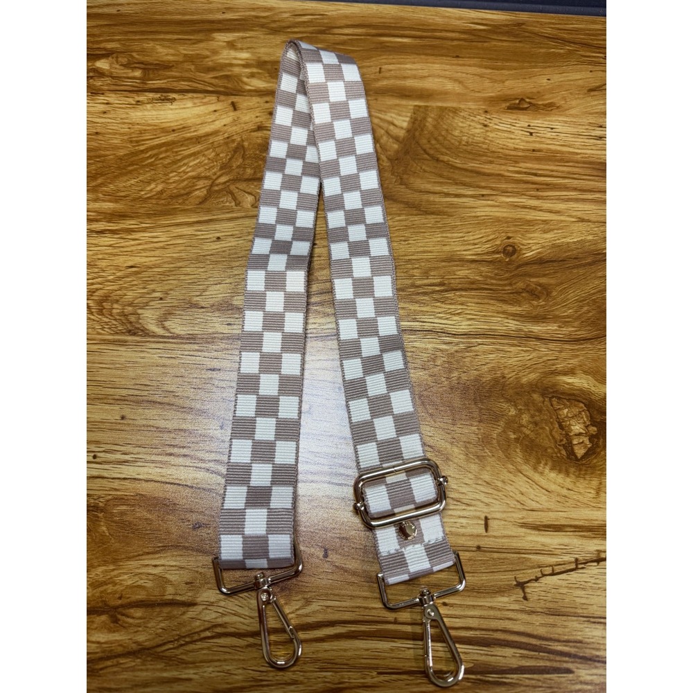 Pom Pom London Women's Adjustable Bag Purse Guitar Strap Checkered Brown Cream